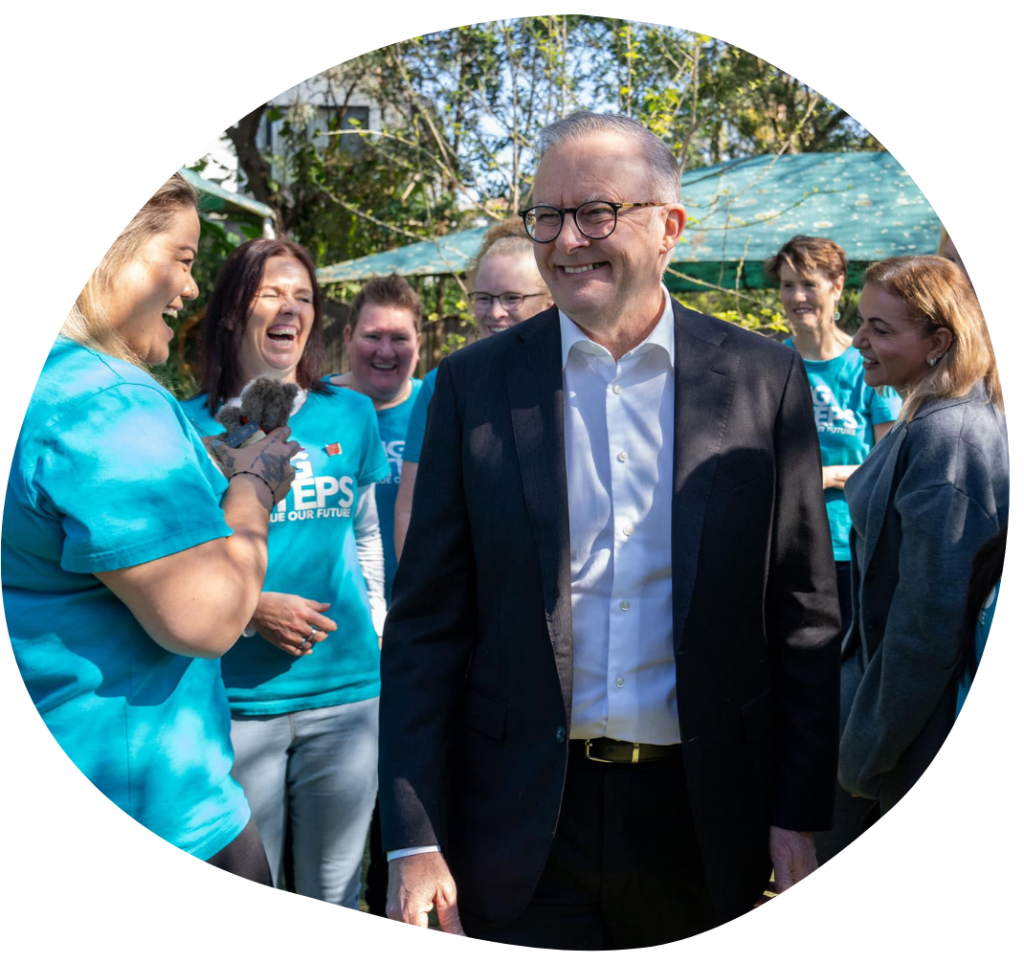 PM Anthony Albanese with UWU early educator members
